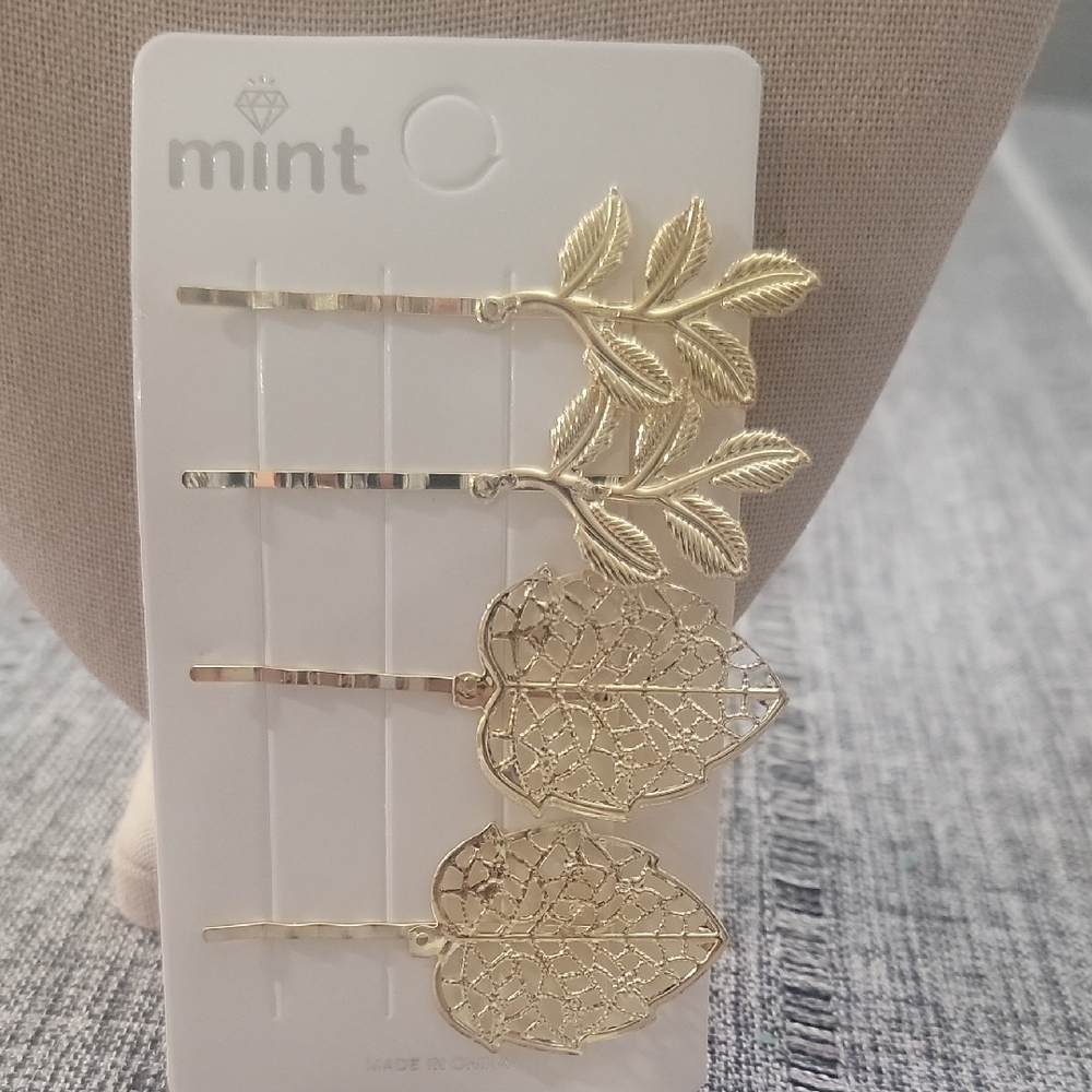 Cottagecore Mint Gold Leaf Hair Pins Set